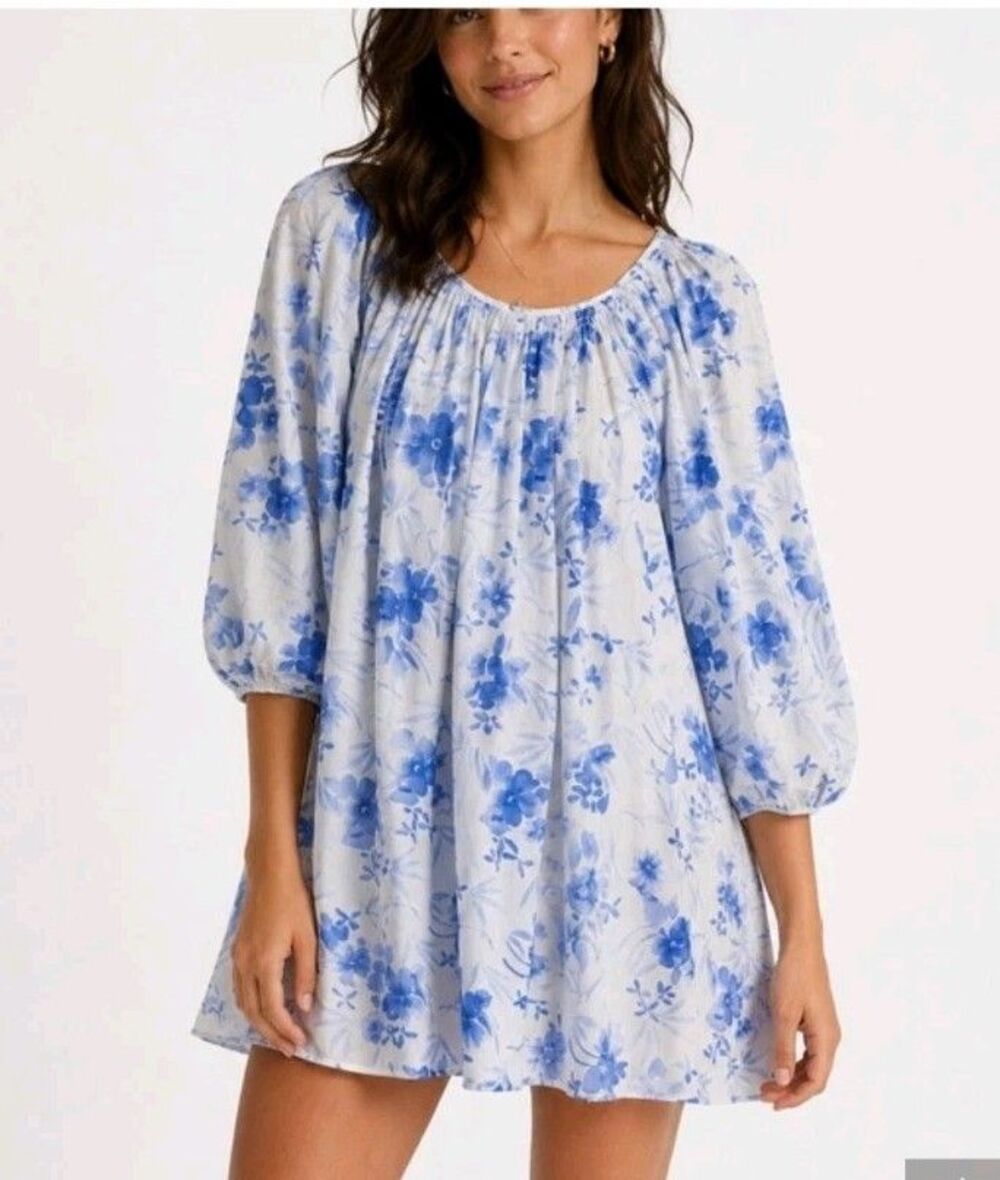 LoveShackFancy Este Tunic Strong Current White Blue Dress Cotton Sz M MRSP $398